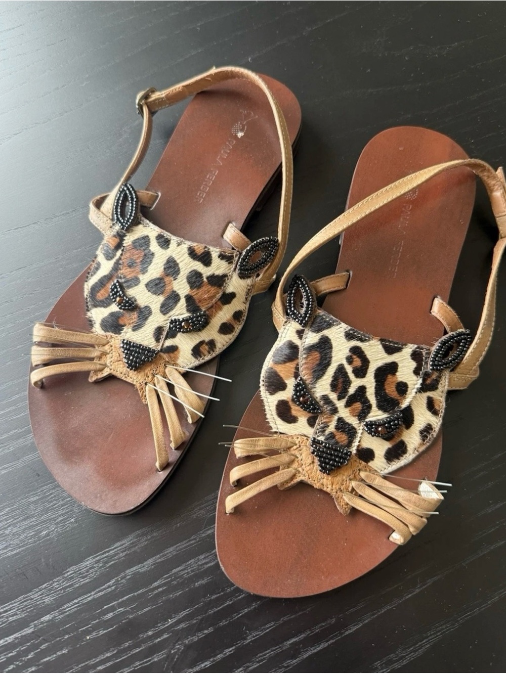 Paula Ferber Leopard Cat Women’s Flat Leather Slingback Sandals Sz 38/7
